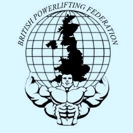 Logo of the British Powerlifting Federation featuring a muscular cartoon character with flexed arms and a map of the United Kingdom behind him.