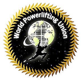 Logo of the World Powerlifting Union featuring a globe, a barbell, and a person lifting weights, surrounded by a gold and black circular border.