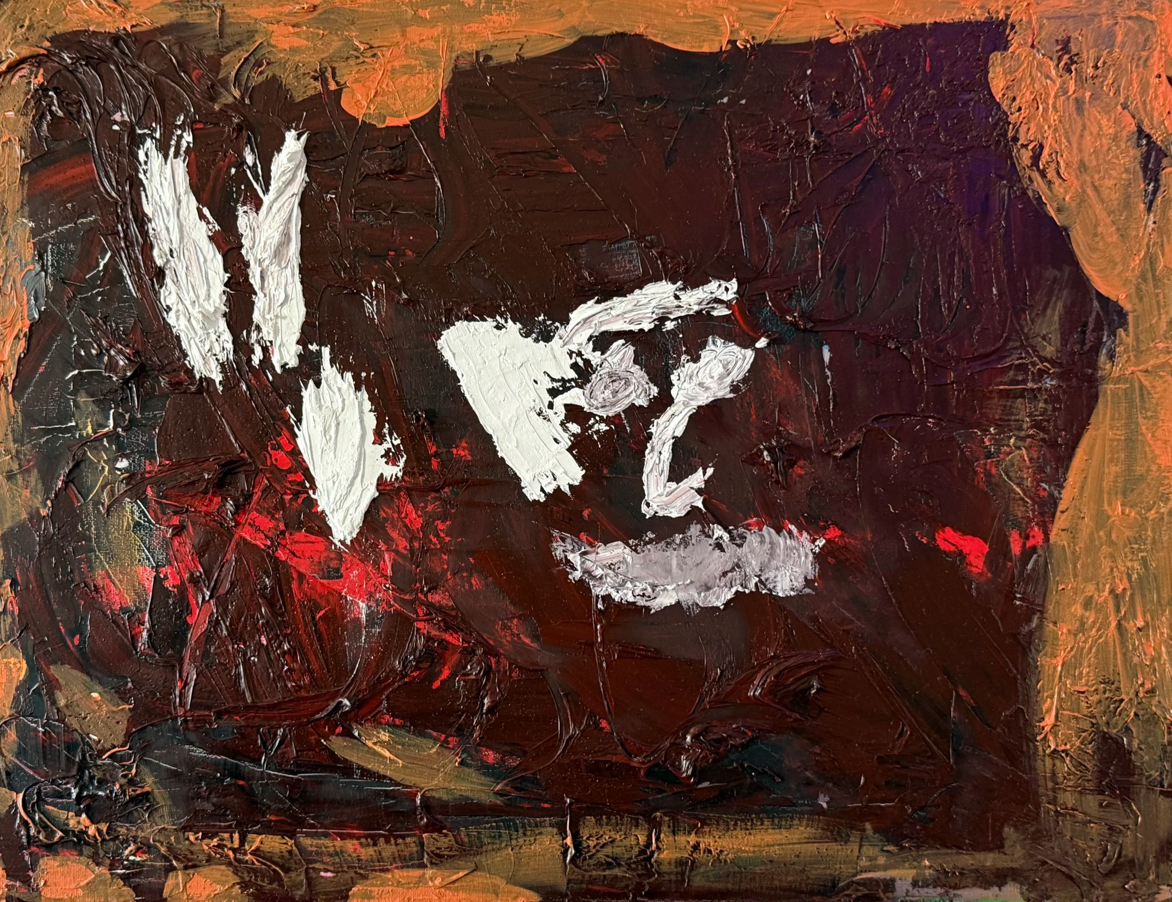 Abstract oil painting with dark brown, white, red, and orange strokes, featuring a face outline and rough textures.