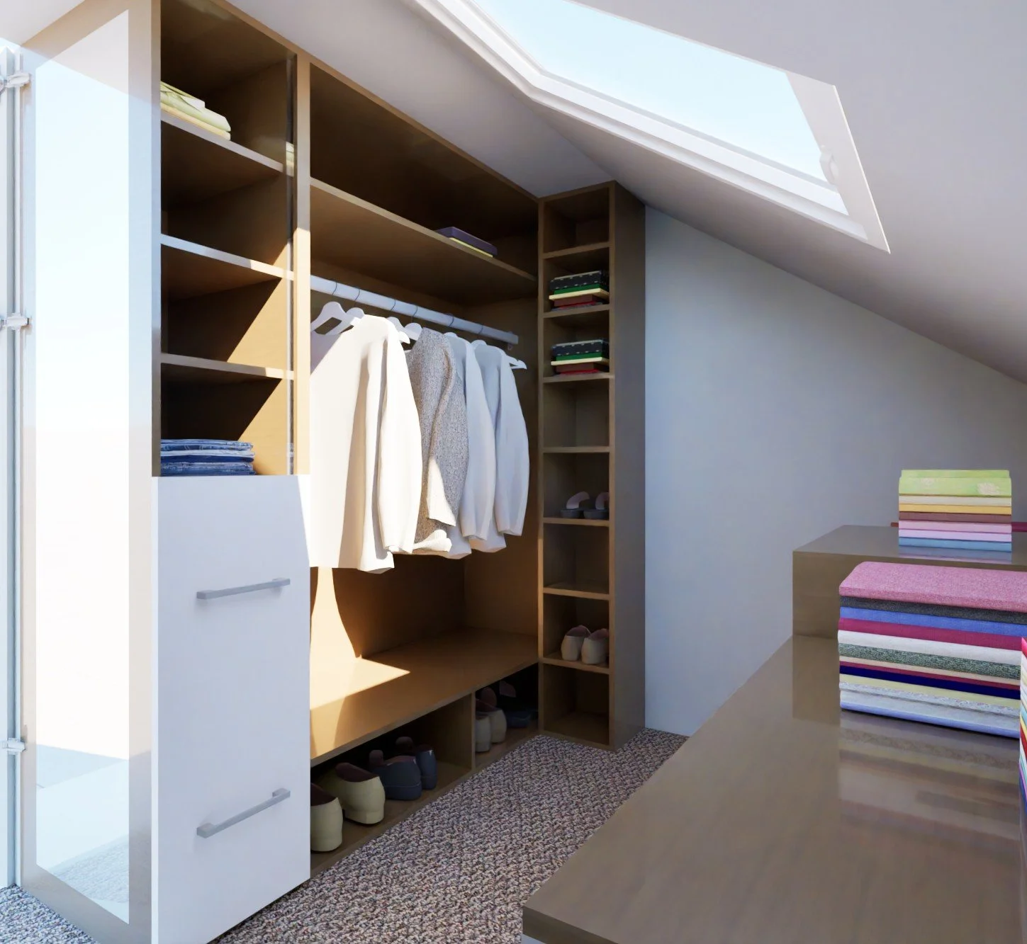Walk-in closet with hanging clothes, shoes on the floor, open shelving, and a sloped ceiling with a skylight