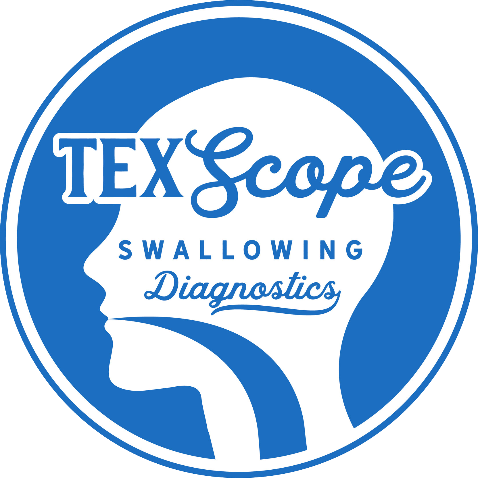 Logo for TexScope Swallowing Diagnostics featuring a silhouette of a person's profile and a wave design in blue and white.