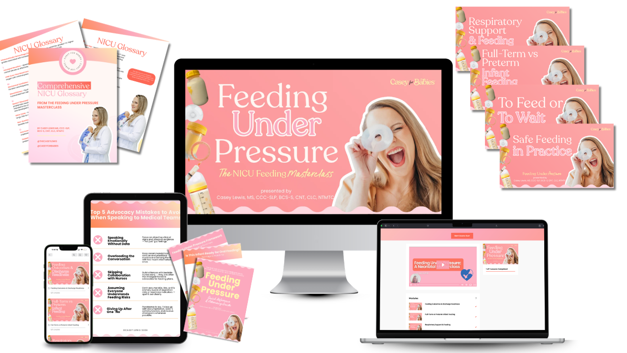 Collection of digital screens and printed materials for a NICU feeding masterclass titled 'Feeding Under Pressure,' featuring pink themes, a woman with a cup, and medical illustrations.