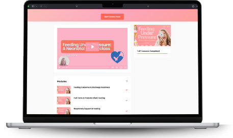 Laptop screen displaying a pink-themed online course titled 'Feeding Uniqueness During Pressure: A Neonatal Class,' including a video thumbnail and course modules.