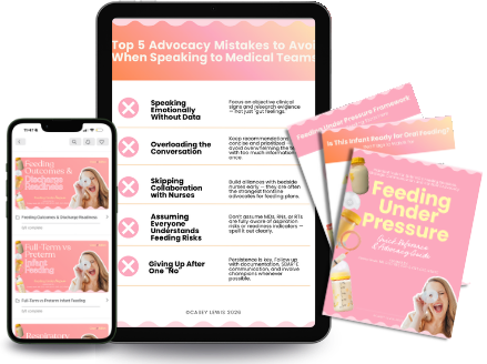 Digital devices displaying a presentation and printed materials on feeding under pressure, including tips for medical communication.