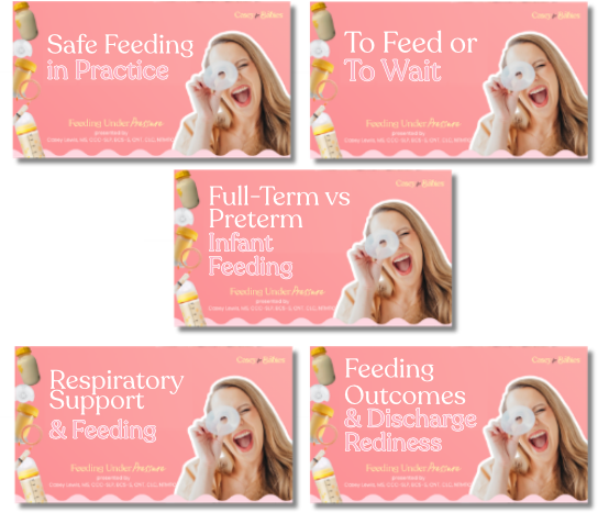 Series of five educational slides with a woman holding a baby nasal aspirator, talking about infant feeding practices, including safe feeding, feeding to feed or wait, full-term versus preterm infant feeding, respiratory support, and feeding outcomes. The slides have a pink background with baby bottles and illustrations.
