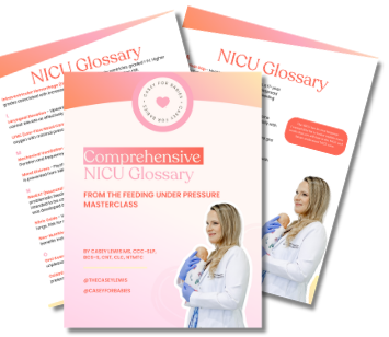 Three NICU glossary brochures, featuring a medical professional holding a baby, with a pink and white color scheme.