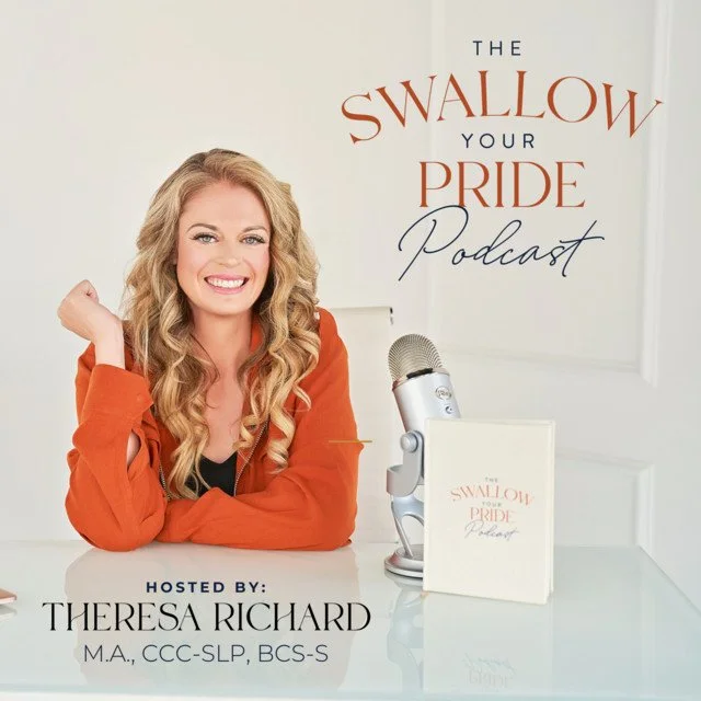 A woman with long blonde hair smiling at a podcast recording setup, with a microphone and a sign that reads "The Swallow Your Pride Podcast."