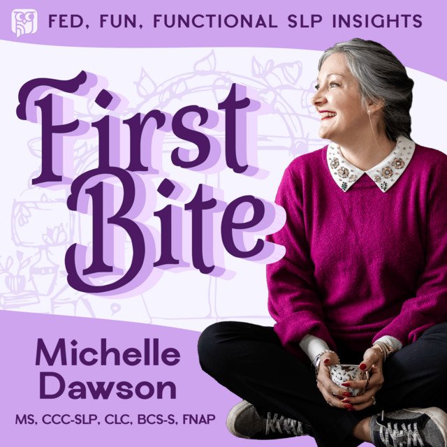 Book cover titled 'First Bite' by Michelle Dawson, with the subtitle 'Fed, Fun, Functional SLP Insights,' featuring a smiling elderly woman in a purple sweater holding a small bowl, set against a purple and white background.
