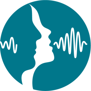 Silhouette of a person's profile with sound wave lines on either side inside a teal circular background