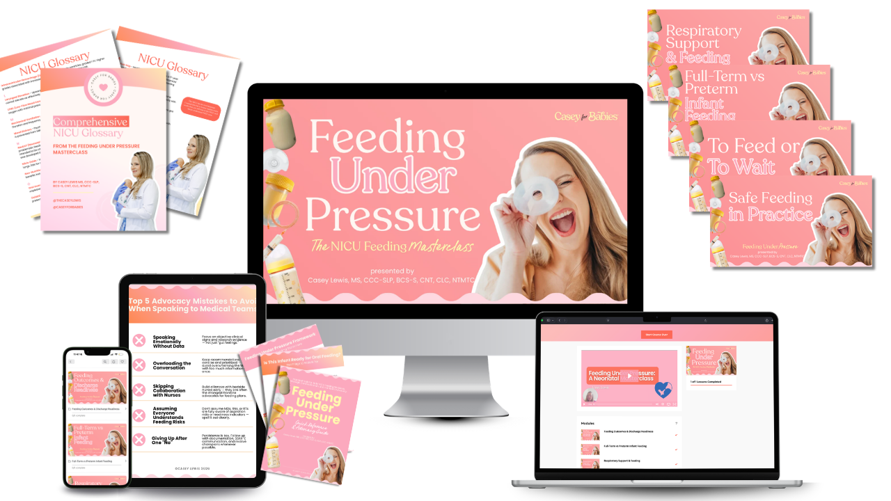 A digital marketing display of educational materials on feeding under pressure, including a computer monitor, laptop, tablet, smartphone, pamphlets, and cards, all with pink-themed images and text for a NICU feeding masterclass.