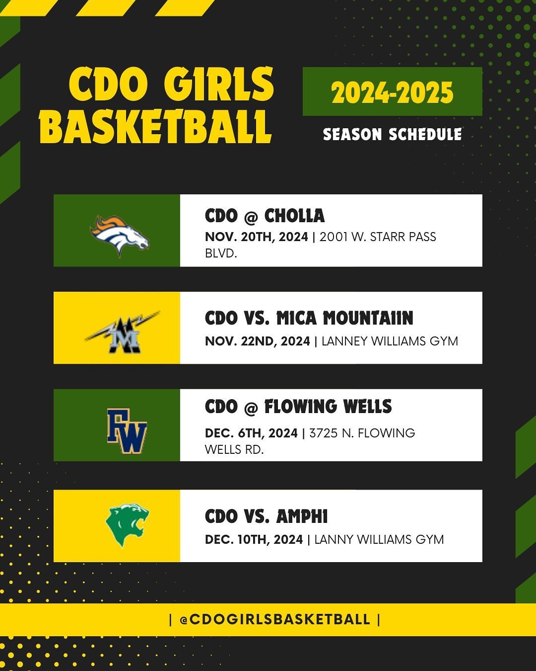 Here&rsquo;s a look at the upcoming 24-25 Season Schedule🏀

Varsity @ 7pm
JVA @ 5:30pm
JVB @ 4pm

Concessions will be open during home games🍿🍕🥤

*Game dates/times are subject to change