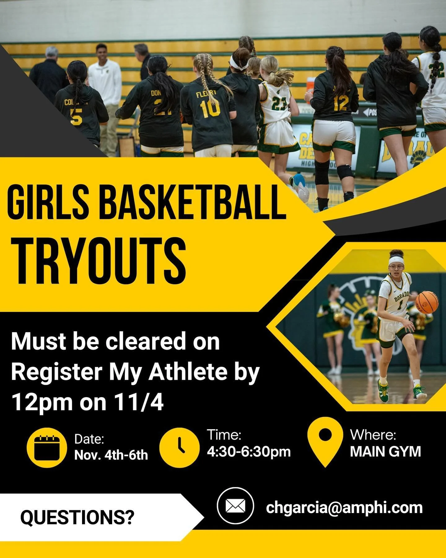 ‼️ATTENTION NEW AND RETURNING GIRLS BASKETBALL PLAYERS‼️ 
Tryouts will be November 4th-6th in the Main Gym from 4:30-6:30pm! You must be cleared on Register My Athlete in order to tryout! Contact Coach Chris at chgarcia@amphi.com with any questions