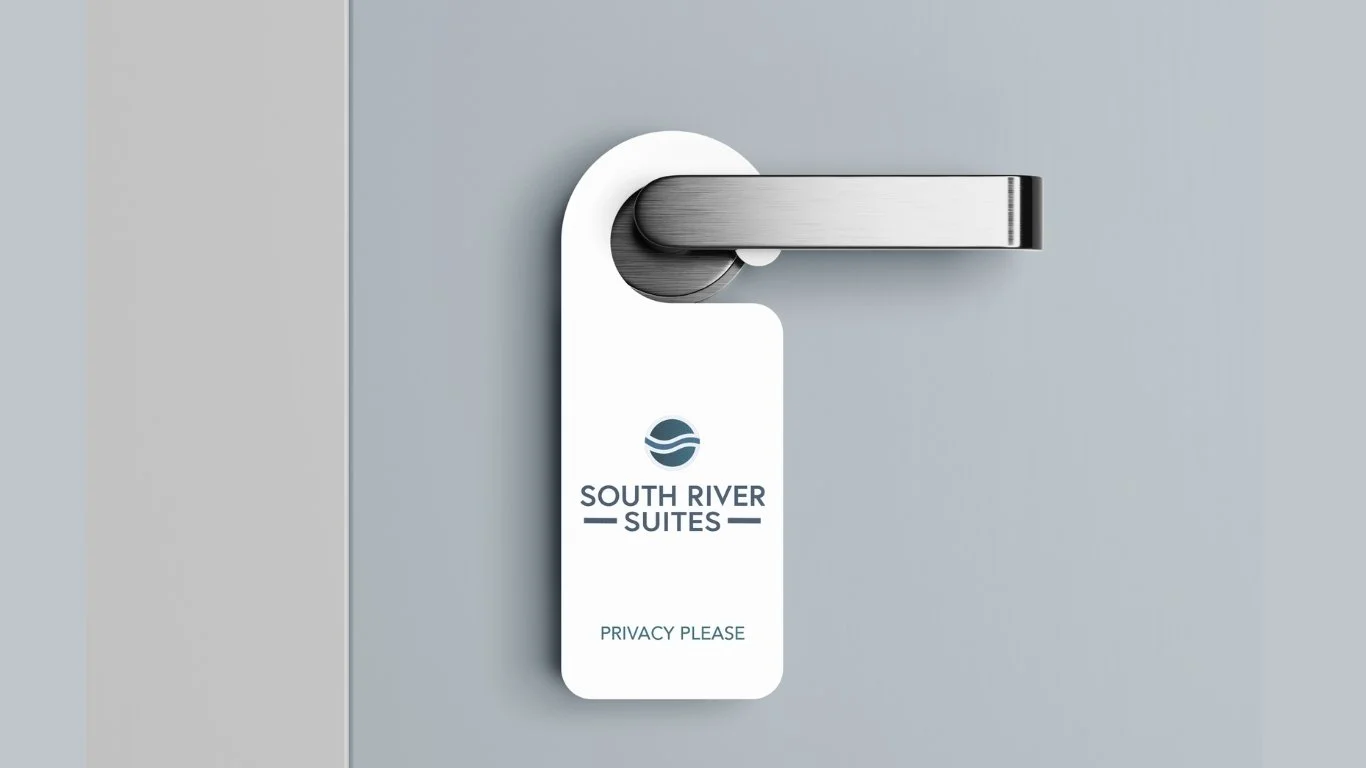 A door with a silver handle and a white key tag that reads 'South River Suites' and 'Privacy Please'.