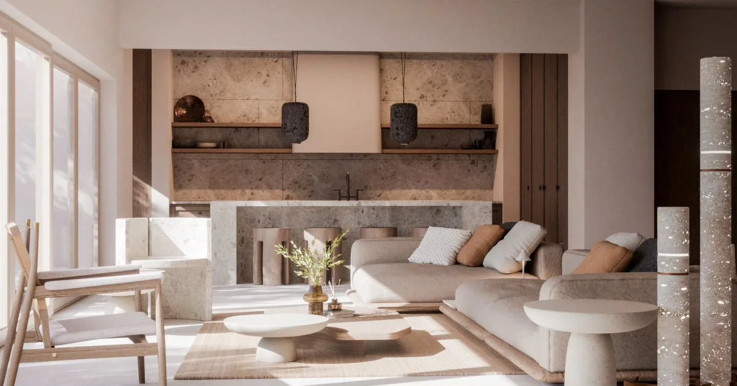 A residence in Paros, shaped by warm natural materials, soft Mediterranean light and a restrained palette of stone, timber and neutral textures.

Interior Design &mdash; @manoskypritidis
Architectural Visualization &mdash; Evan&rsquo;s ArchViz
Paros,