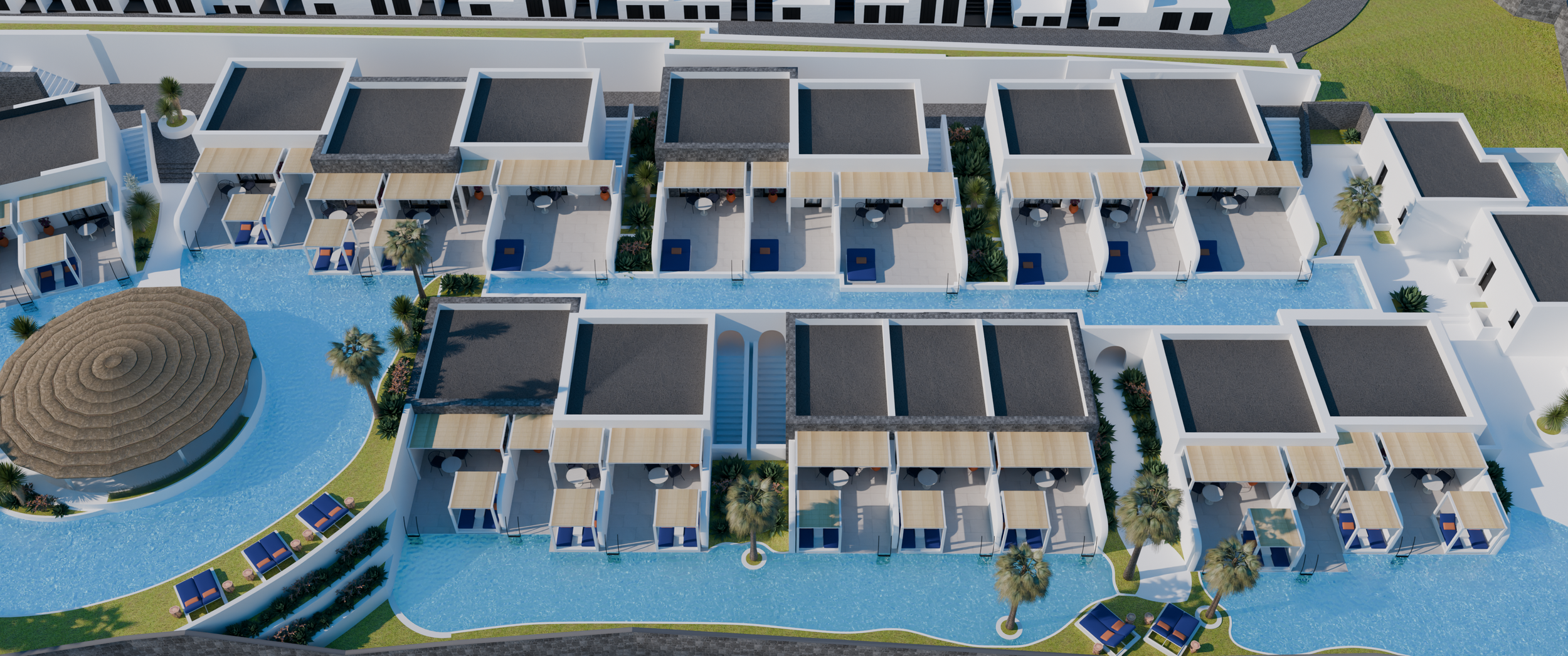 Aerial view of a luxurious resort with individual villas, outdoor pools, palm trees, and sun loungers, situated near a golf course.