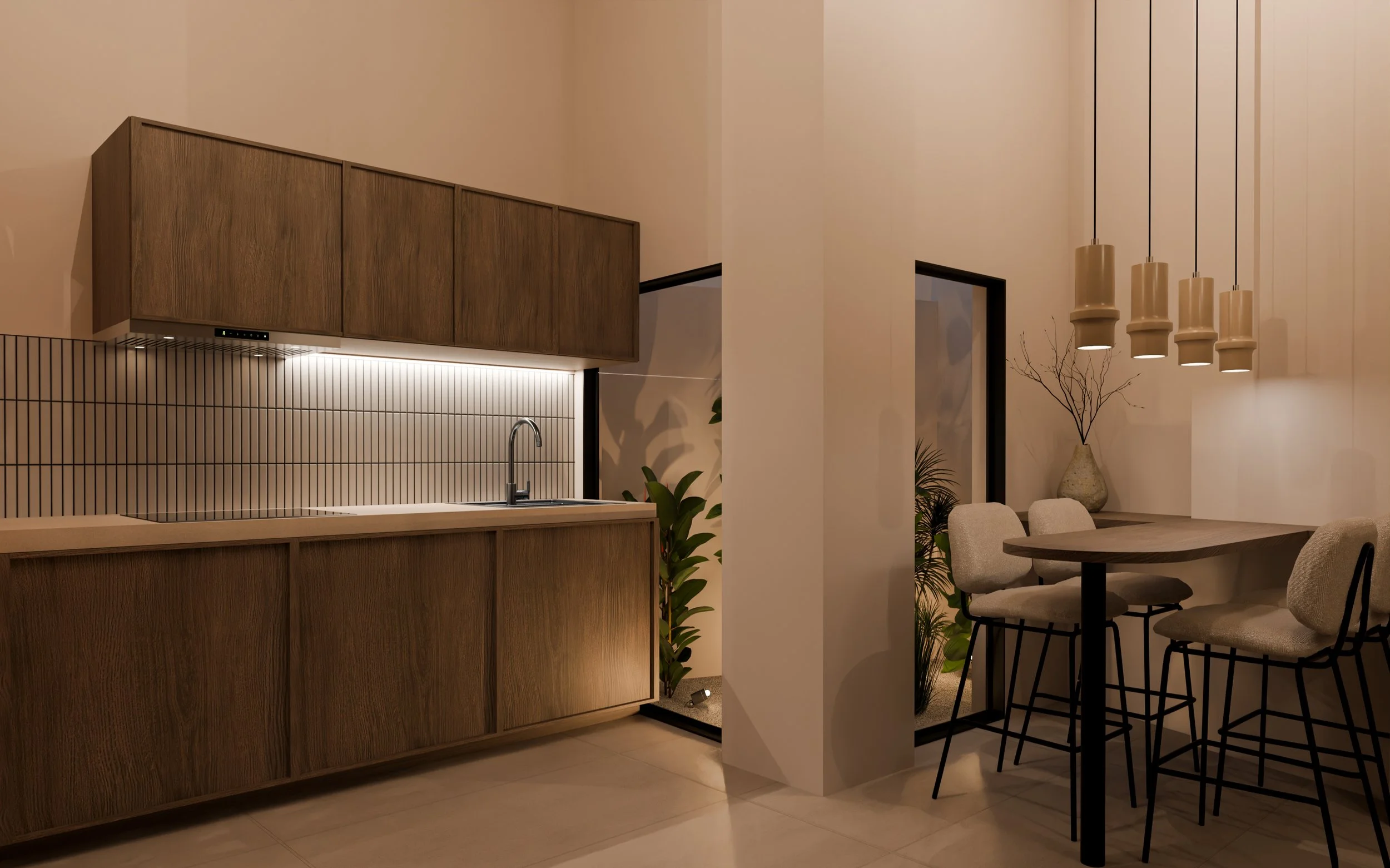 Modern kitchen and dining area with wooden cabinets, a white countertop, a small dining table with four chairs, and hanging pendant lights.