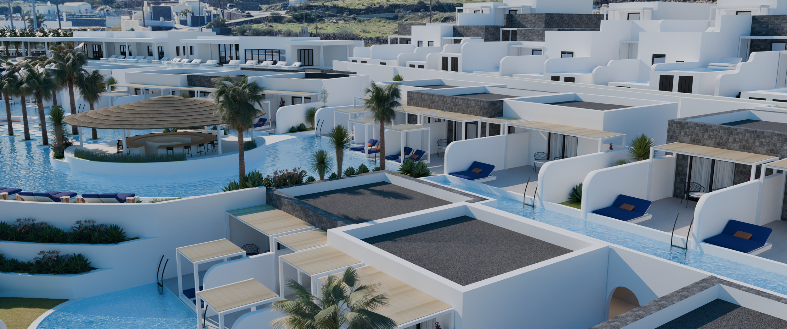 Aerial view of a luxurious hotel resort with multiple white buildings, pools, palm trees, and sun loungers in a coastal setting.