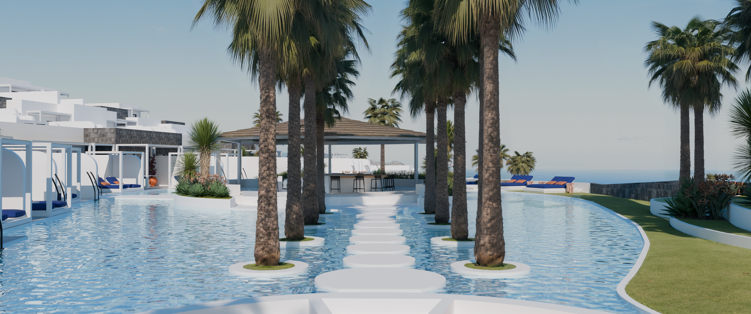 Luxury pool area with palm trees, a central pathway, cabanas, lounge chairs, and a bar area under a shaded pavilion on a sunny day