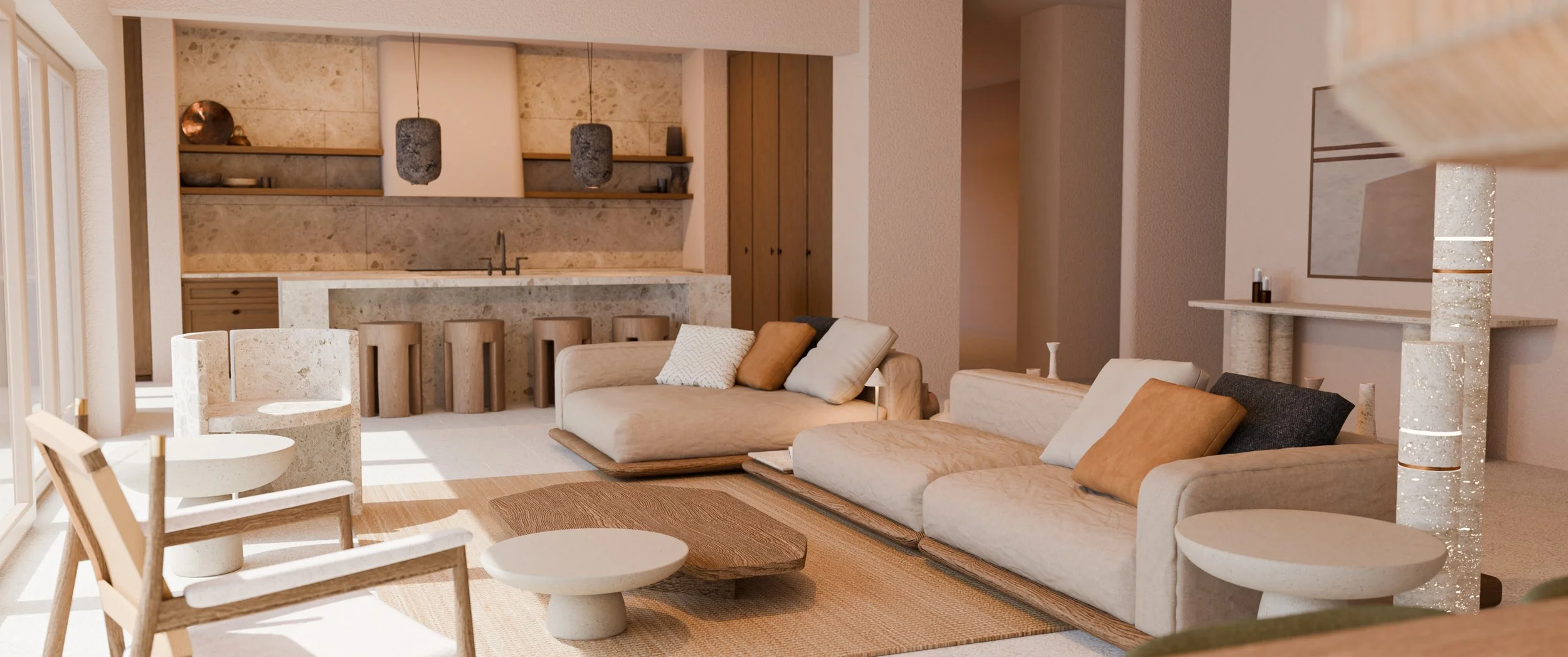 Modern open-concept living room with beige sofas, wooden furniture, and a kitchen area with bar stools, pendant lights, and open shelves.