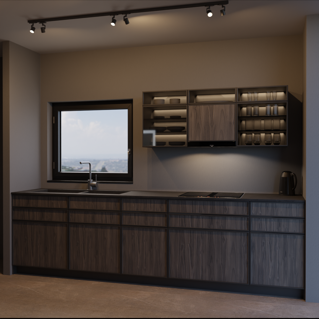 Modern kitchen with dark wood cabinets, a window above the sink, a black electric cooktop, a black kettle, and open wall-mounted shelves for dishes and glasses.