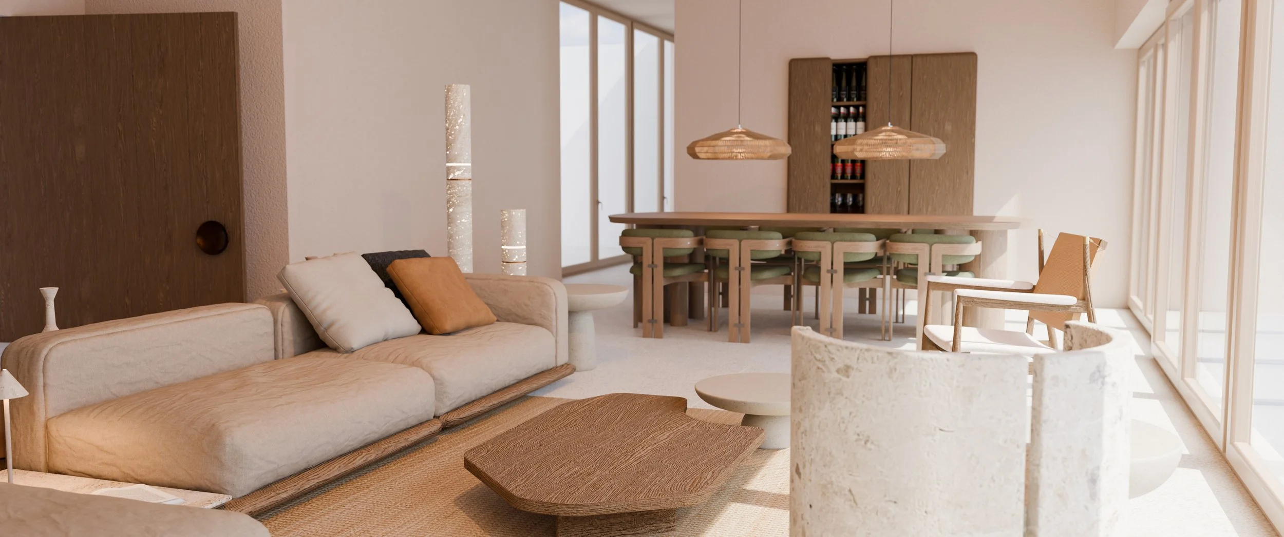 Living and dining area with beige sofa, colorful cushions, wooden coffee tables, a dining table with chairs, pendant lighting, large windows, and neutral decor.