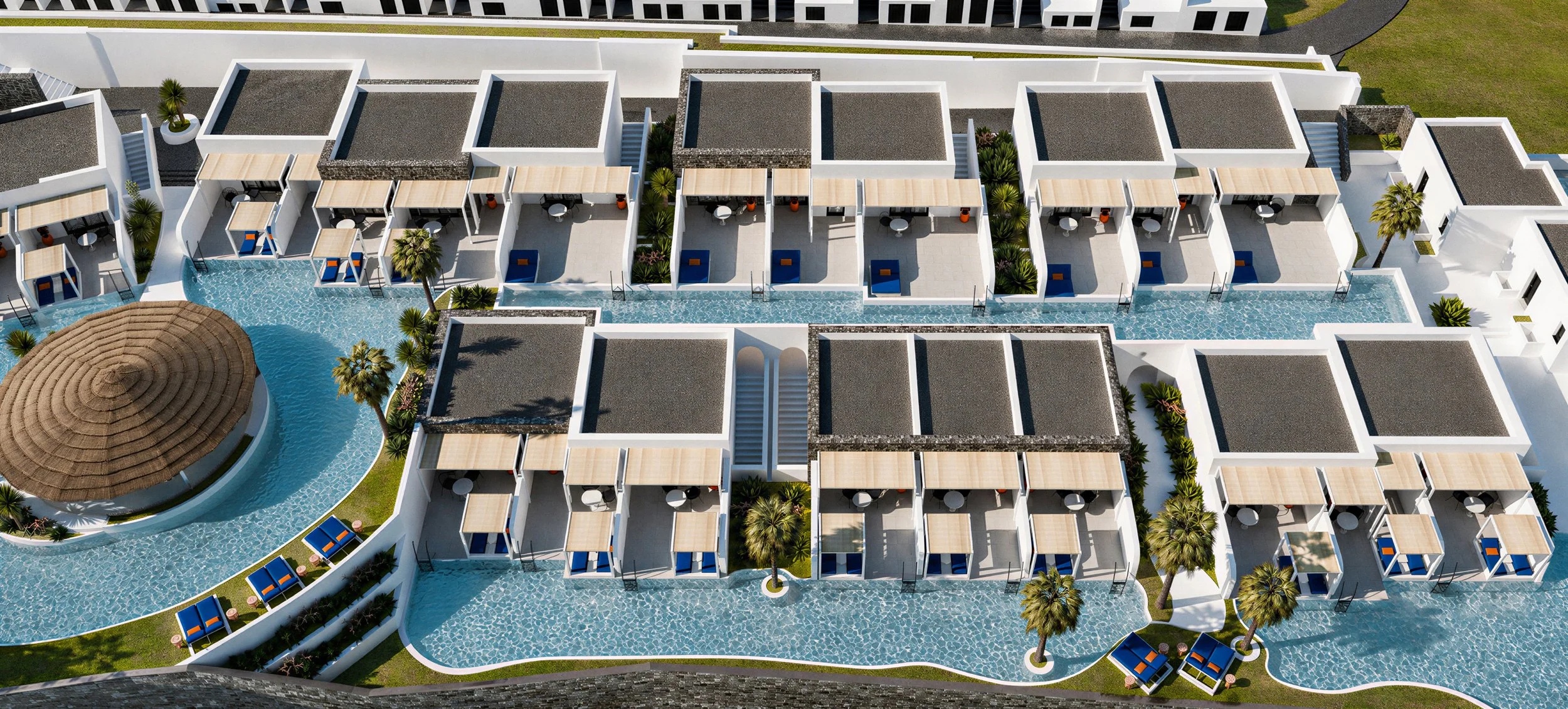 Aerial view of a luxurious resort with individual villas, outdoor pools, palm trees, and sun loungers, situated near a golf course.