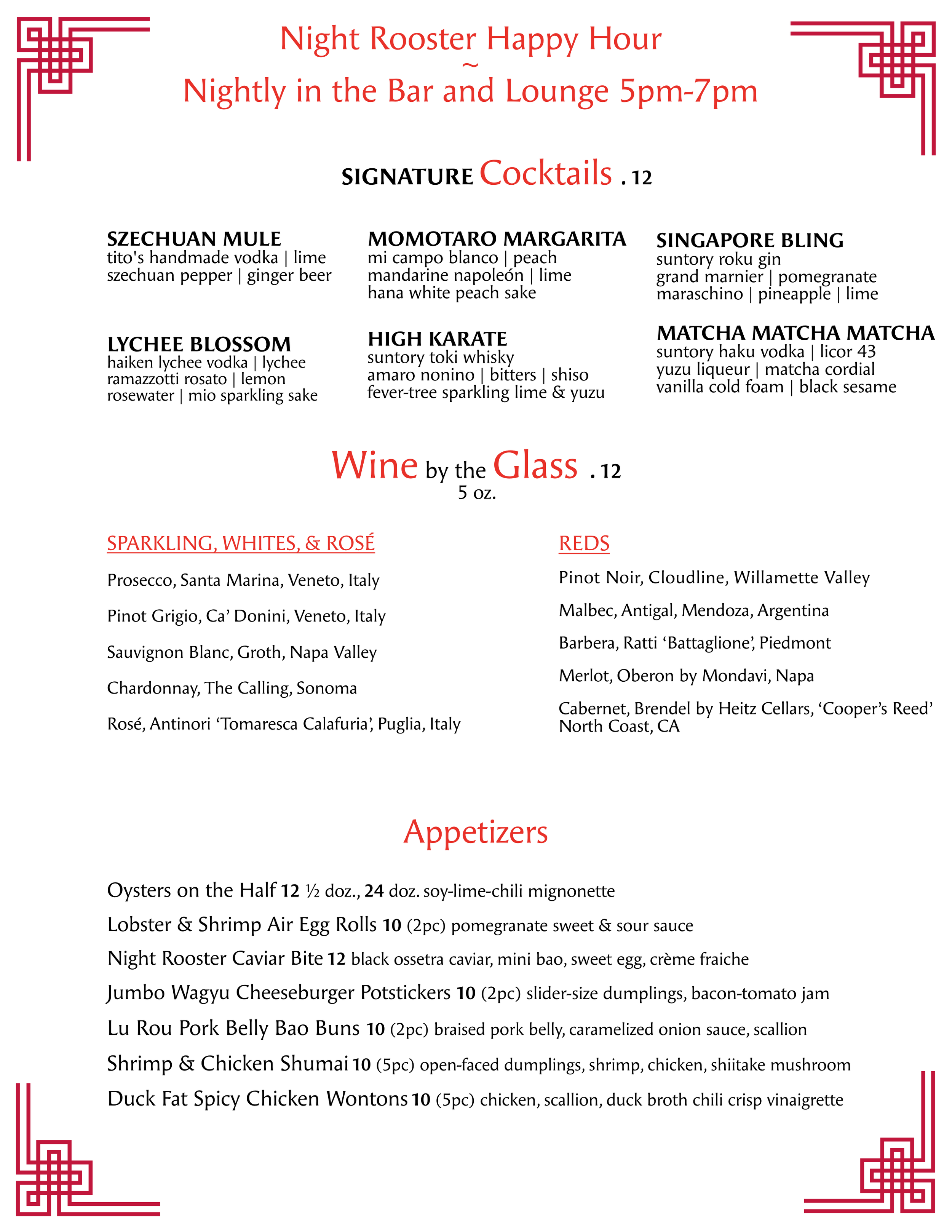 Menu for a bar and lounge featuring a happy hour special with cocktails from 5 to 7 pm. The menu lists various signature cocktails, wines by the glass, and appetizers including oysters, lobster and shrimp egg rolls, caviar bites, and dumplings. The menu is decorated with red Chinese-style corners.