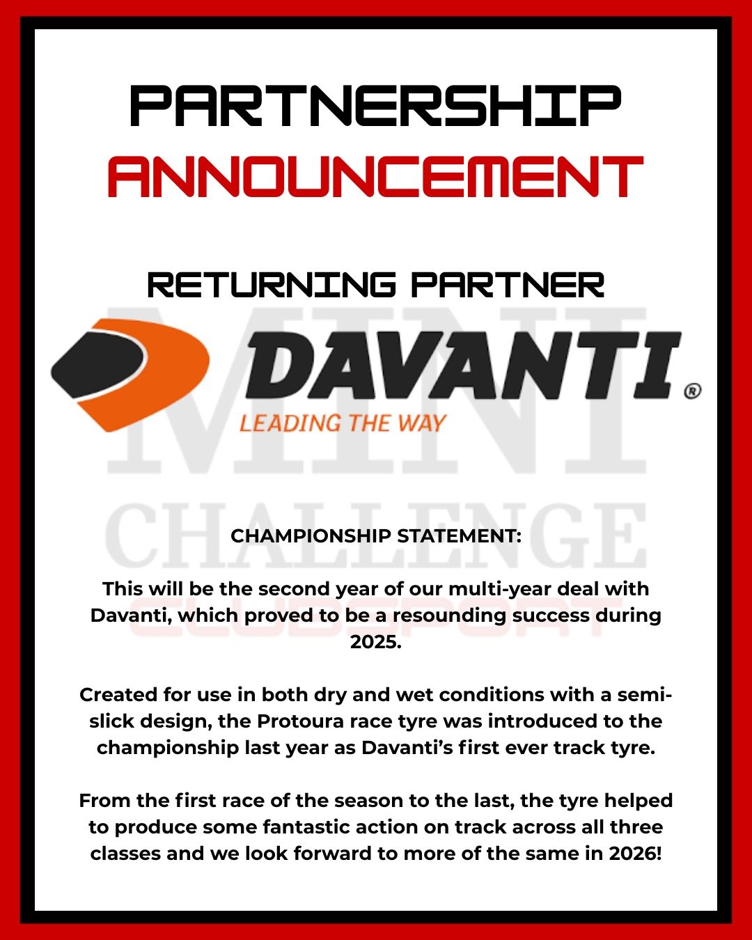 This will be the second year of our multi-year deal with @davanti_tyres, which proved to be a resounding success during 2025.

Created for use in both dry and wet conditions with a semi-slick design, the Protoura Race tyre was introduced to the champ