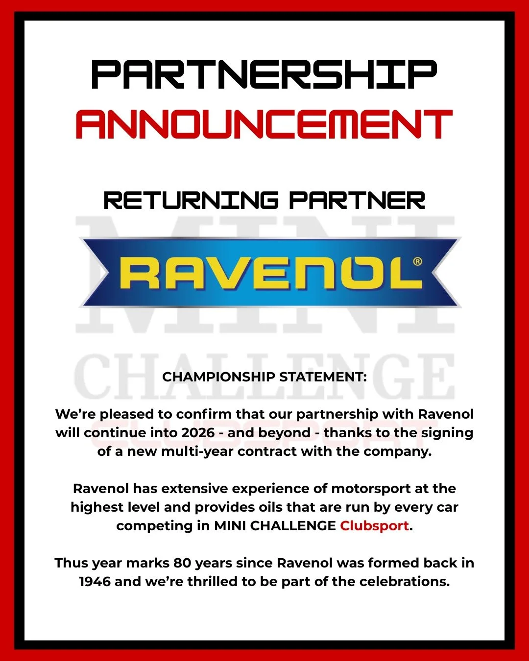 We&rsquo;re pleased to confirm that our partnership with @ravenoluk will continue into 2026 - and beyond - thanks to the signing of a new multi-year contract with the company.

Ravenol has extensive experience of motorsport at the highest level and p