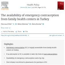 “Türkiye’de aile sağlığı merkezlerinden acil kontrasepsiyonun temin edilebilirliği” başlıklı bir sağlık politikası belgesinin ekran görüntüsü; acil kontrasepsiyon, erişilebilirlik ve sağlık bakanlığı onayına dair vurgulanmış bölümler içeriyor.