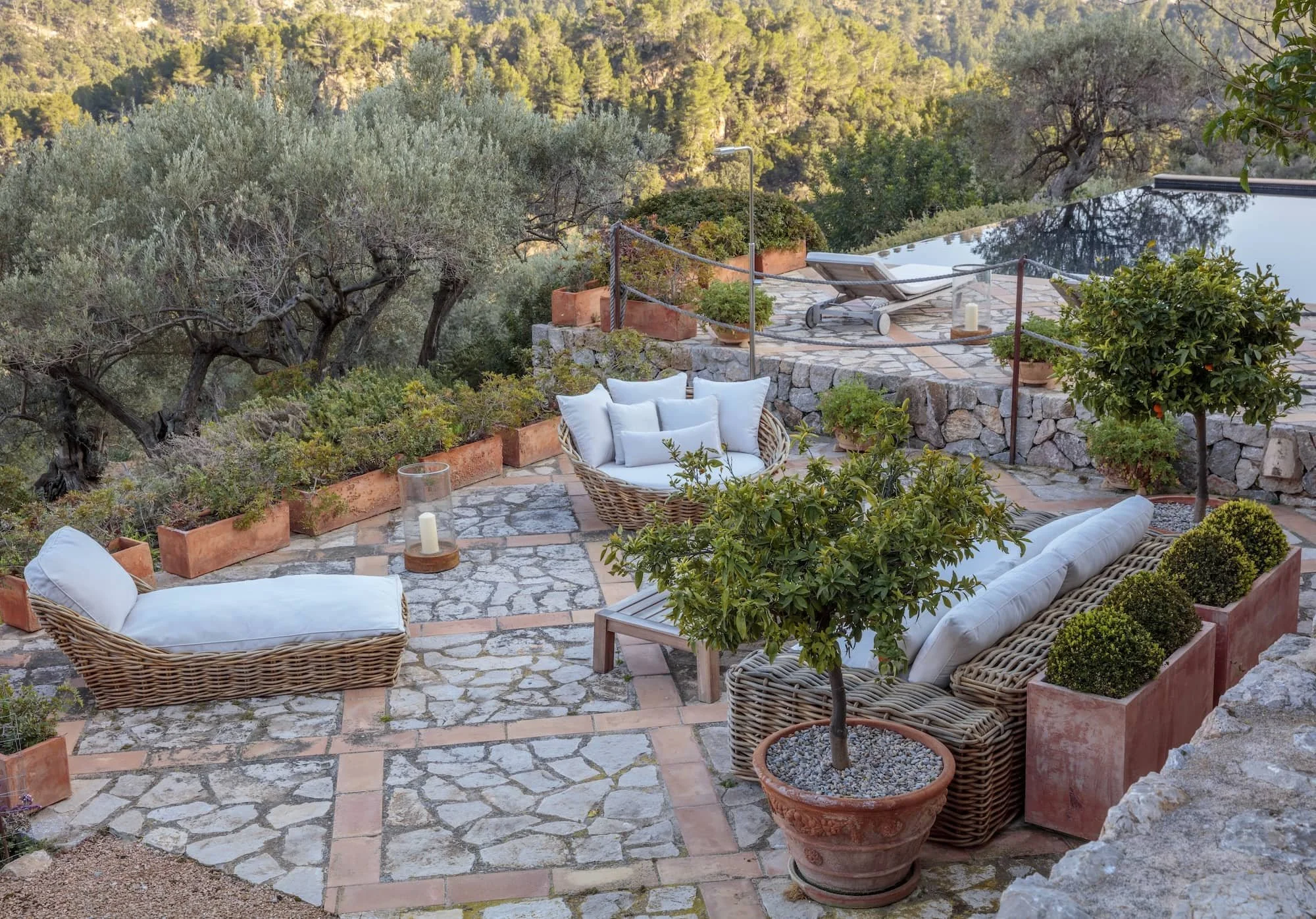 Terrace garden design with handmade terracotta pots, Mallorca
