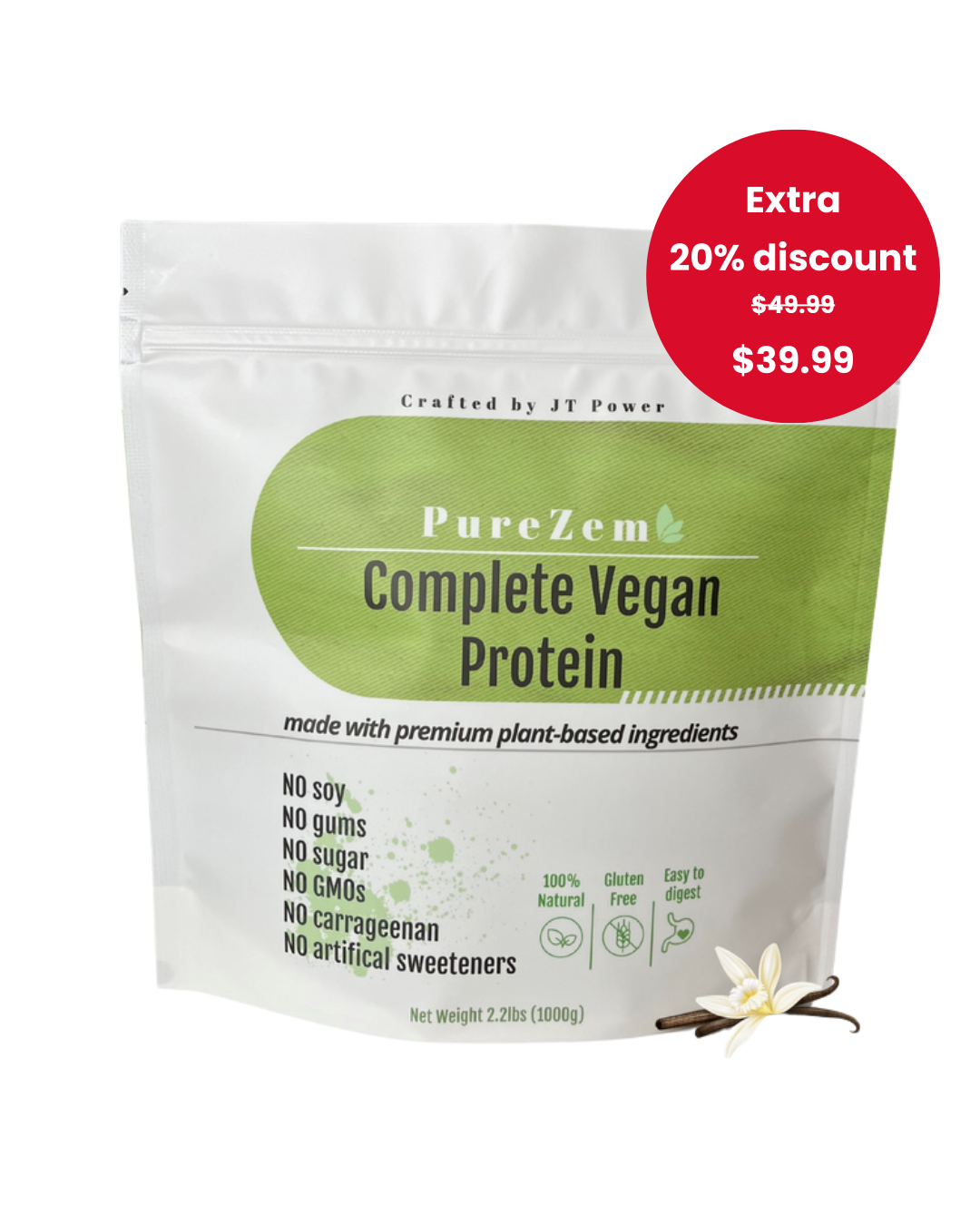 PureZem Organic Vegan Protein Powder: Only 5 Clean Ingredients | 21g per Serving | 30 Servings - 2.2lbs | Vanilla Flavor