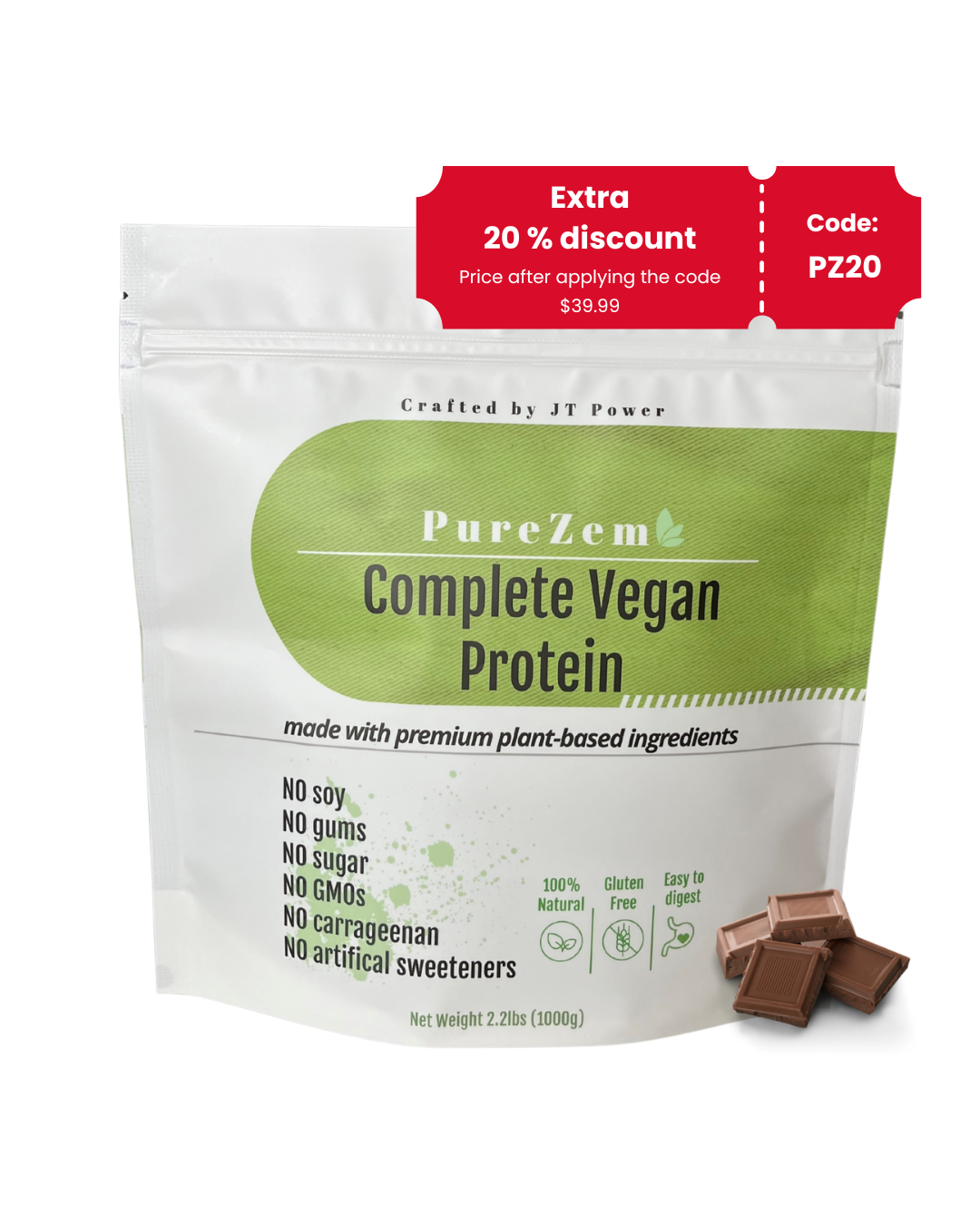 PureZem Organic Vegan Protein Powder: Only 5 Clean Ingredients | 21g per Serving | 30 Servings - 2.2lbs | Chocolate Flavor