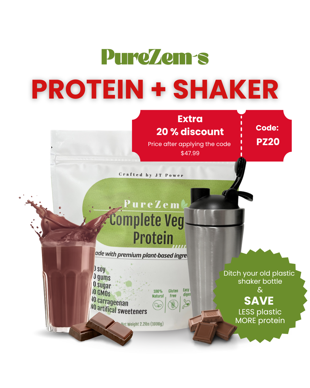 PureZem Organic Vegan Protein Powder: Only 5 Clean Ingredients | 21g per Serving | 30 Servings - 2.2lbs | Chocolate Flavor | With Stainless Steel Shaker (Bundle)