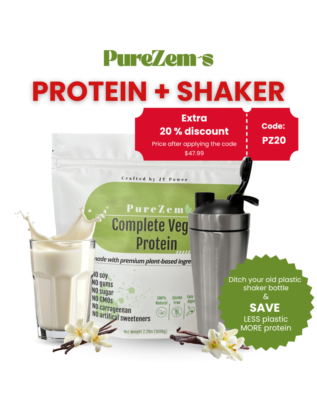PureZem Organic Vegan Protein Powder: Only 5 Clean Ingredients | 21g per Serving | 30 Servings - 2.2lbs | Vanilla Flavor | With Stainless Steel Shaker (Bundle)