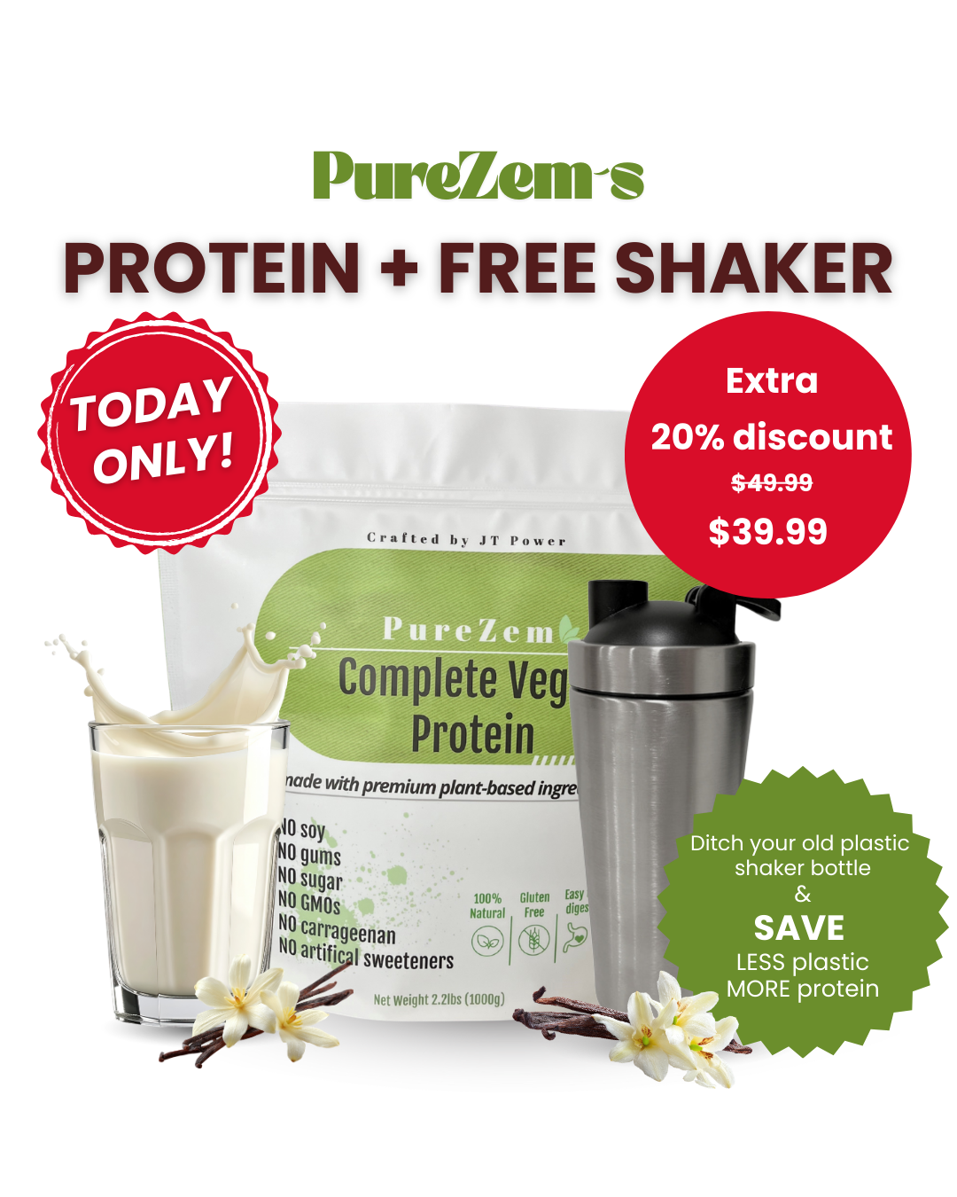 PureZem Organic Vegan Protein Powder: Only 5 Clean Ingredients | 21g per Serving | 30 Servings - 2.2lbs | Vanilla Flavor | With Stainless Steel Shaker (Bundle)