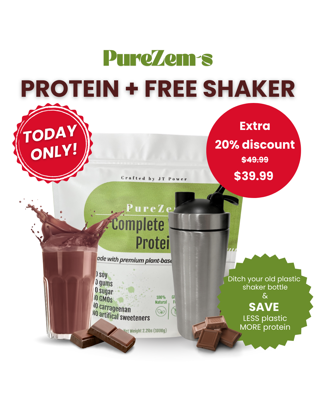 PureZem Organic Vegan Protein Powder: Only 5 Clean Ingredients | 21g per Serving | 30 Servings - 2.2lbs | Chocolate Flavor | With Stainless Steel Shaker (Bundle)