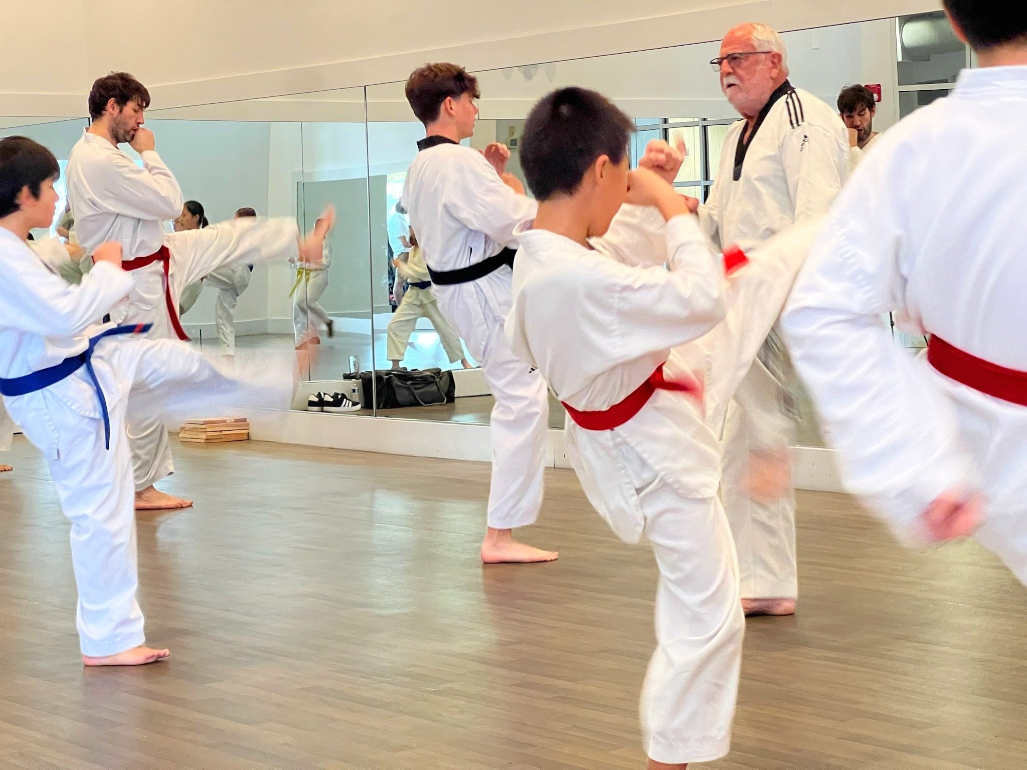 Class in uniform practicing their kicks with Grandmaster Milman at the front. 