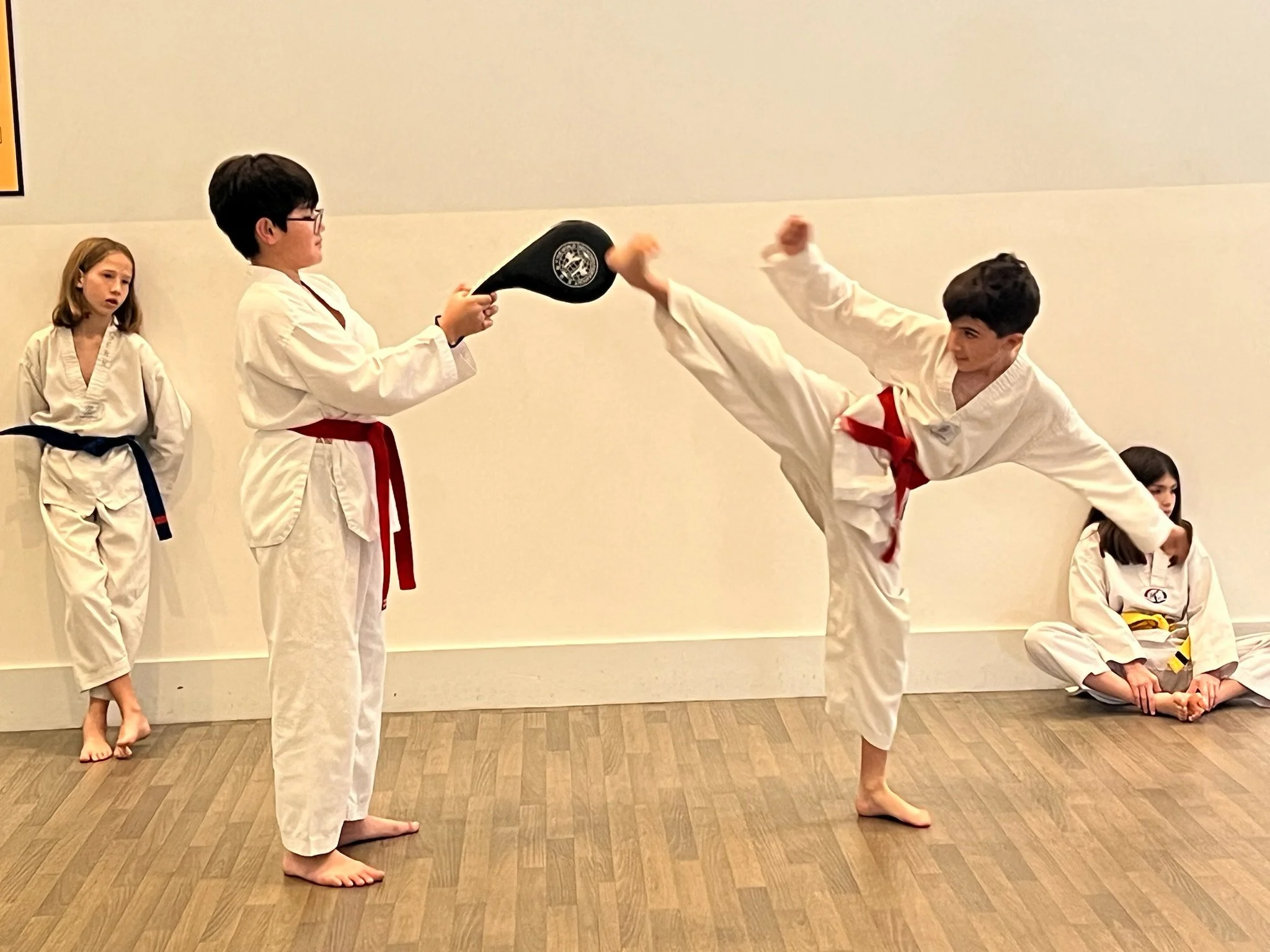 Simon with a red belt does a hook kick while another youth holds the target. 