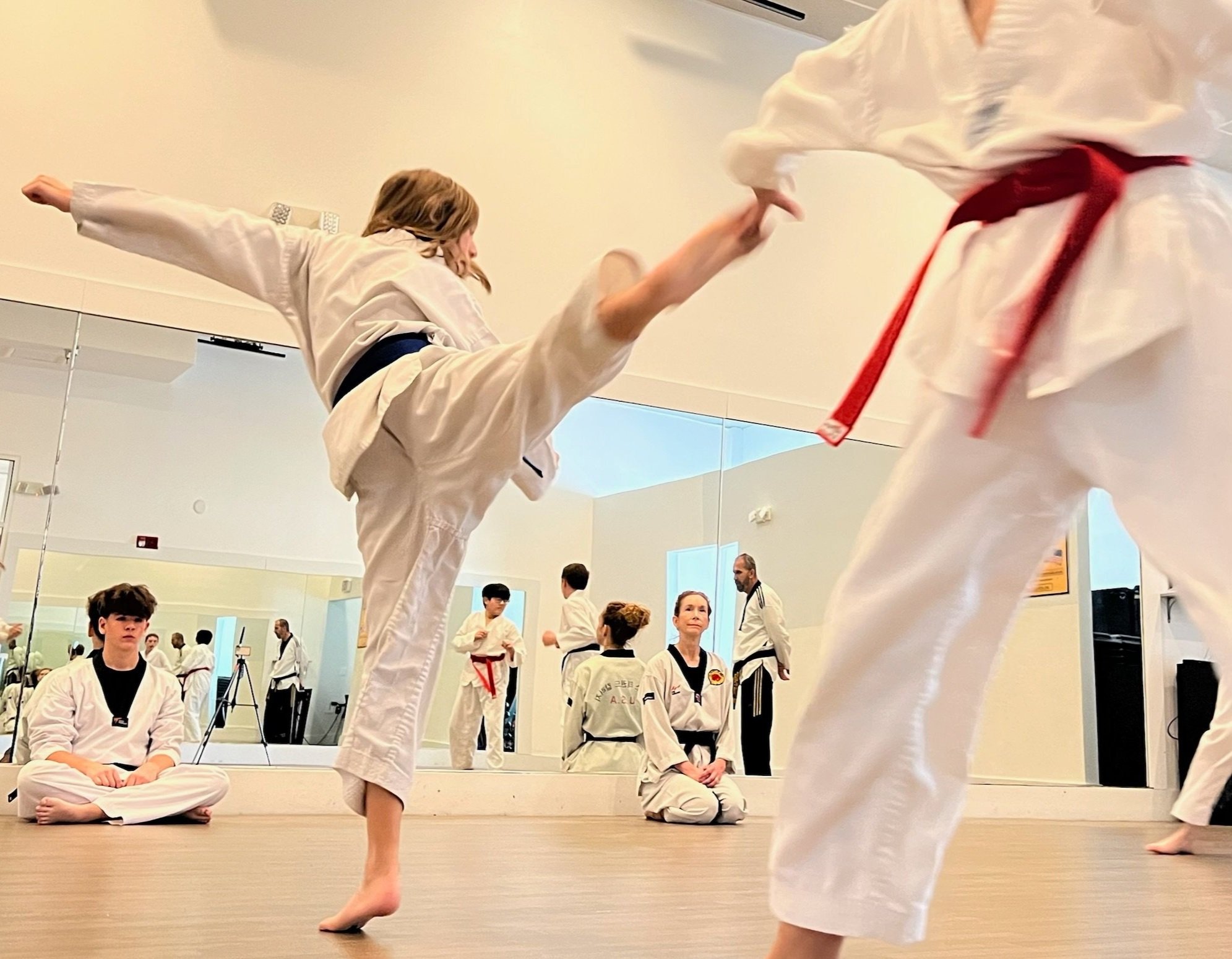 Student with a blue belt kicks boy with red belt. 