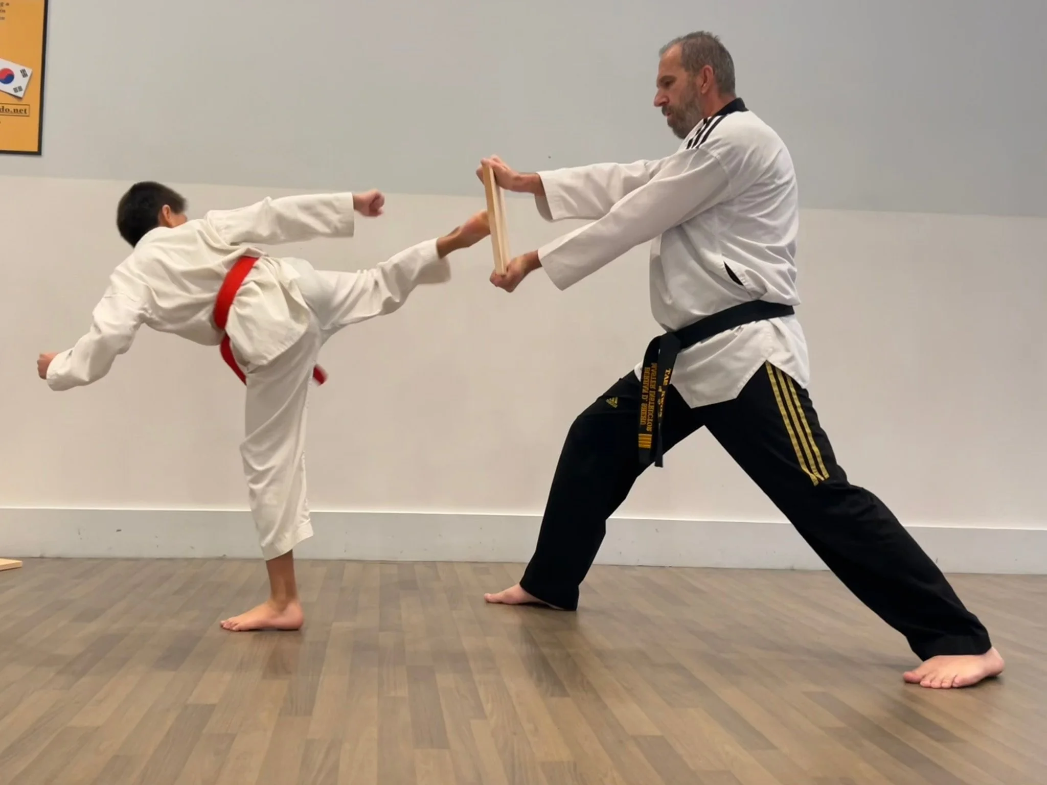Red Belt Youth breaks board with a kick while Master Shehu holds it. 