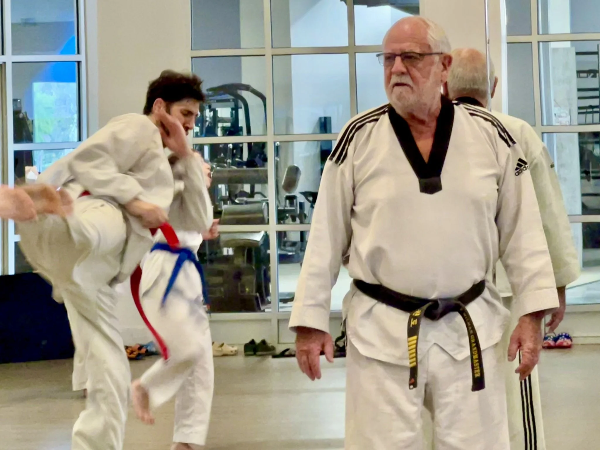 Grandmaster Milman in a taekwondo class with a man with a red belt kicking. 