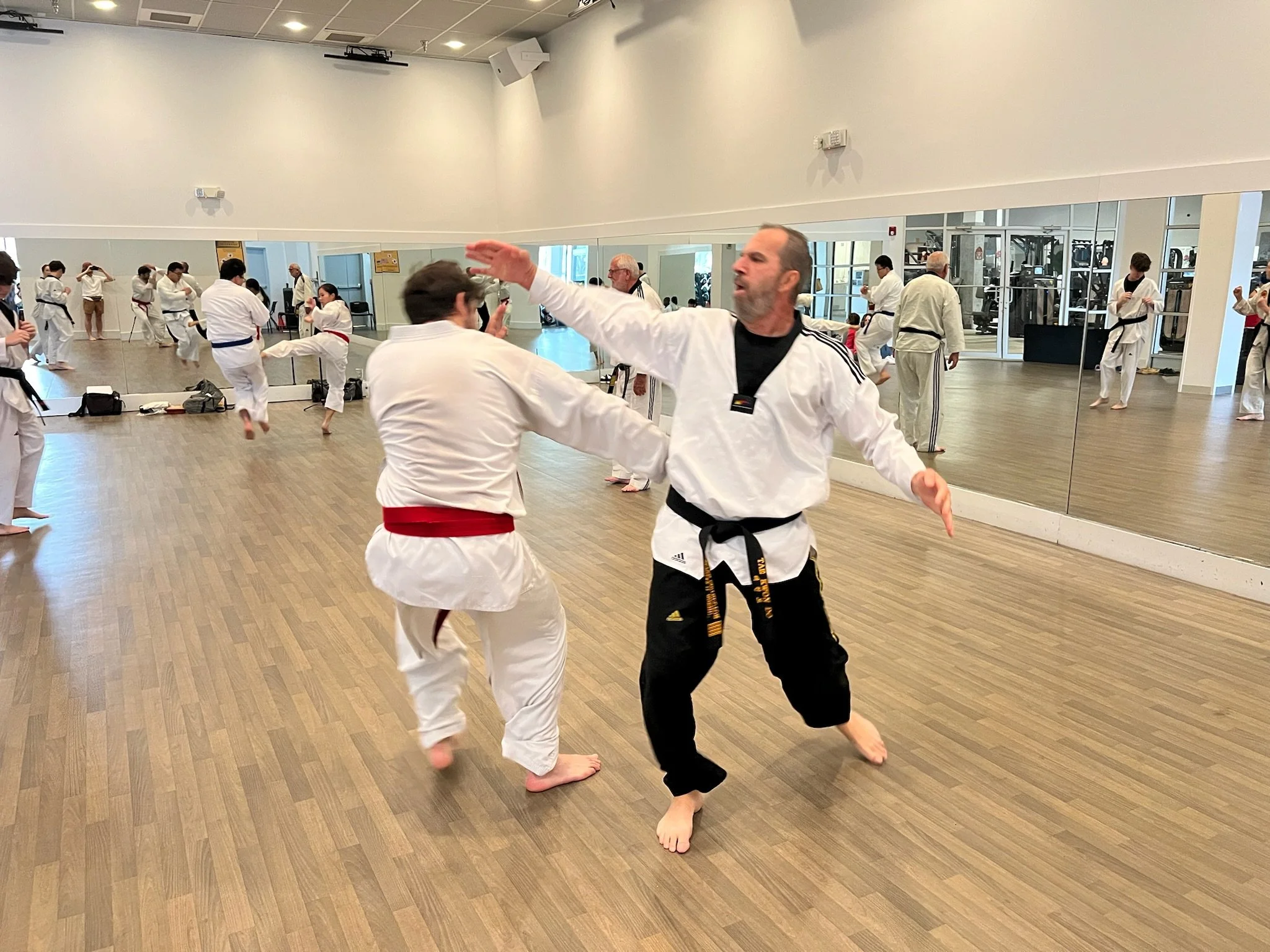 Master Shehu spars with a male student with a red belt. 
