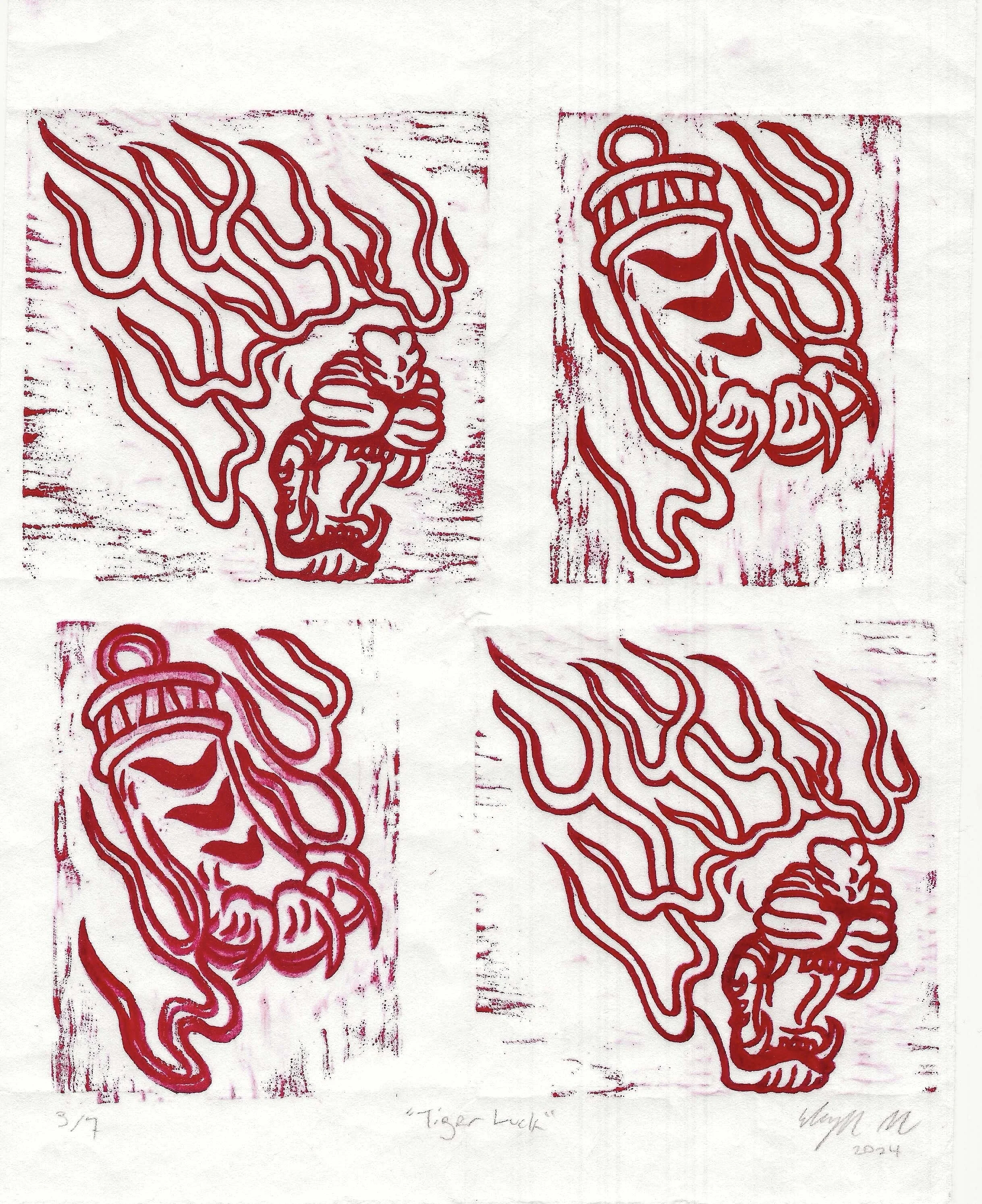 Tiger Luck, woodblock print, 2024