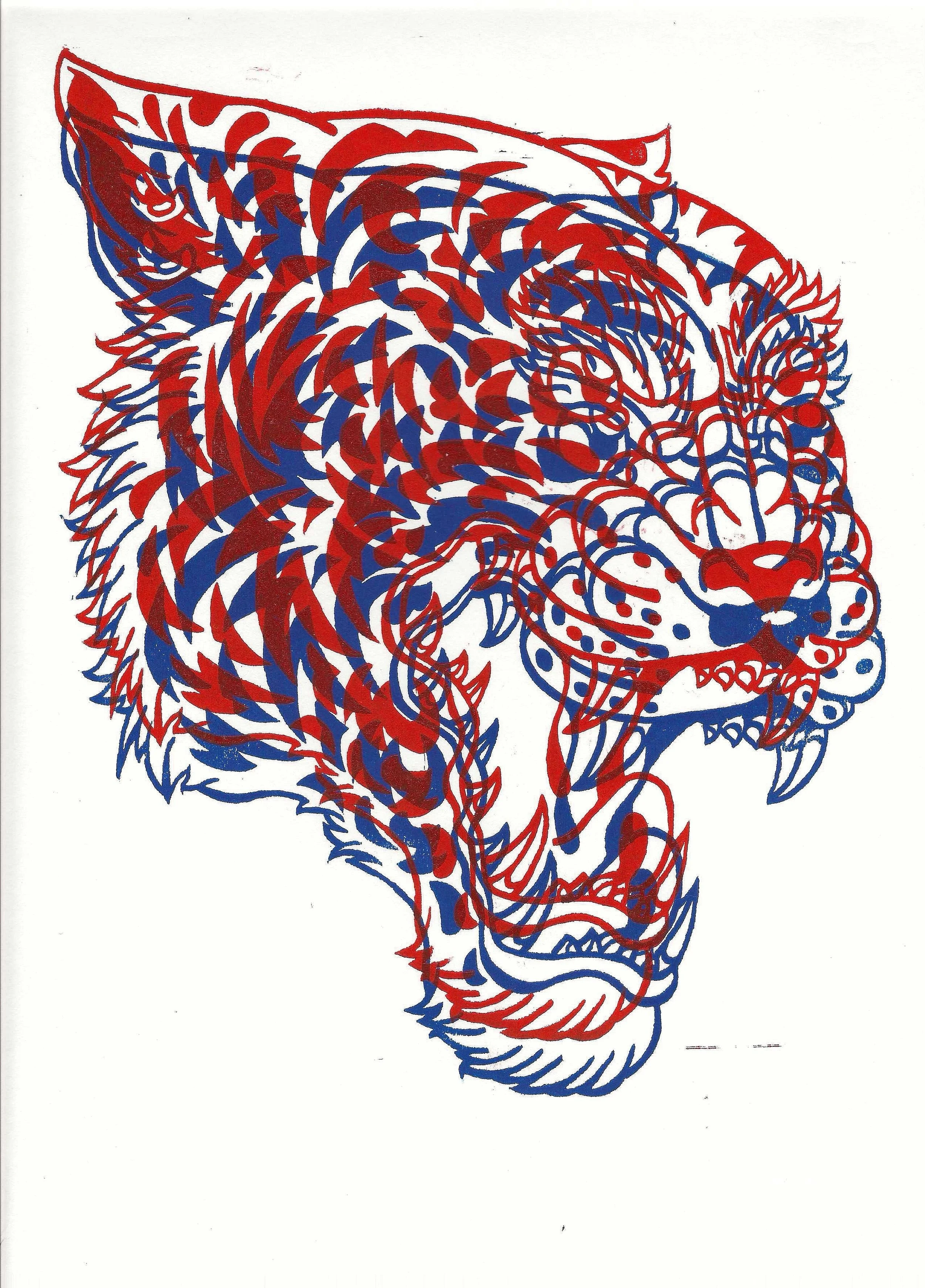 Tiger Redux 2, woodblock print, 2024