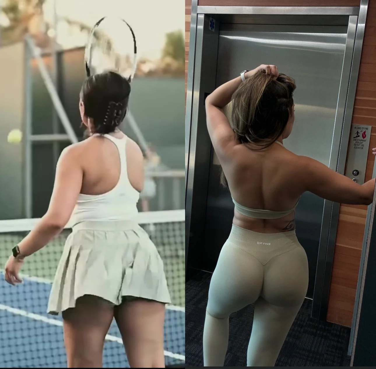 The image shows two women in different settings; the left woman is on a tennis court, wearing a white sports bra and skirt with a tennis racket, while the right woman is in an elevator, wearing a beige sports bra and leggings, adjusting her hair.