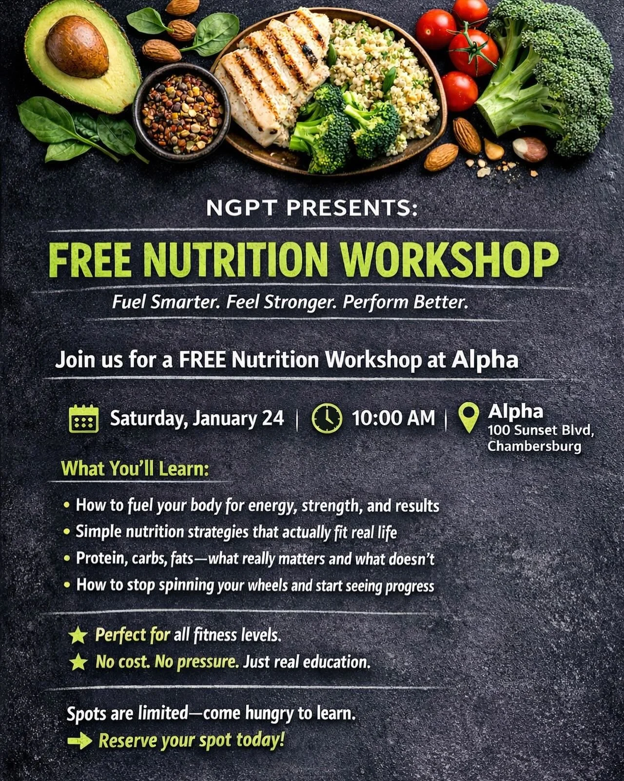 🥗 FREE Nutrition Workshop at Alpha Fitness! 💪

Ready to fuel your body the right way and level up your results? Join us for an exclusive nutrition workshop&mdash;100% FREE and open to everyone at Alpha Fitness! 
DM us directly to reserve your spot 