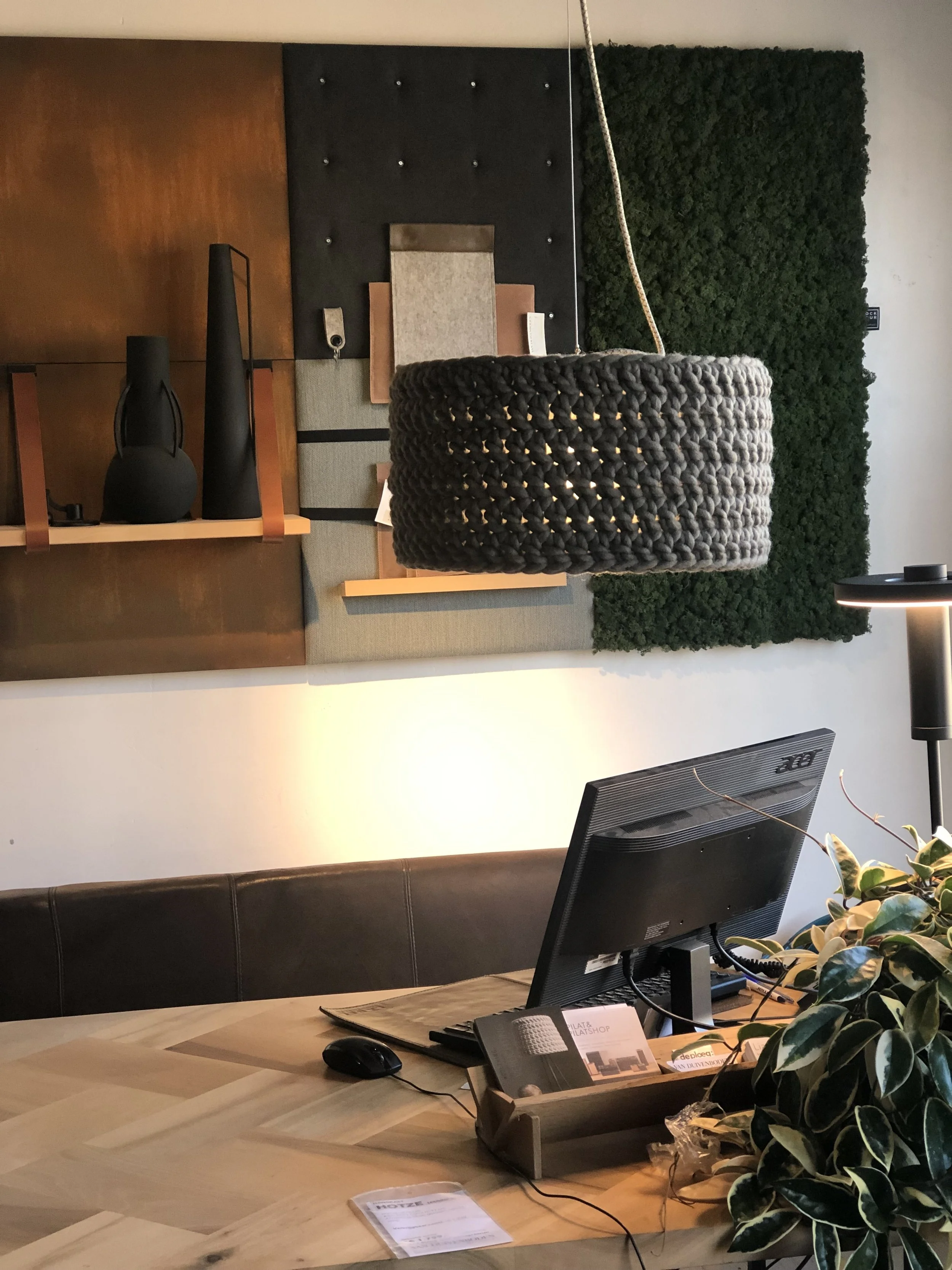 Modern office reception area with a wooden desk, computer, decorative plant, hanging woven light fixture, and textured wall art.