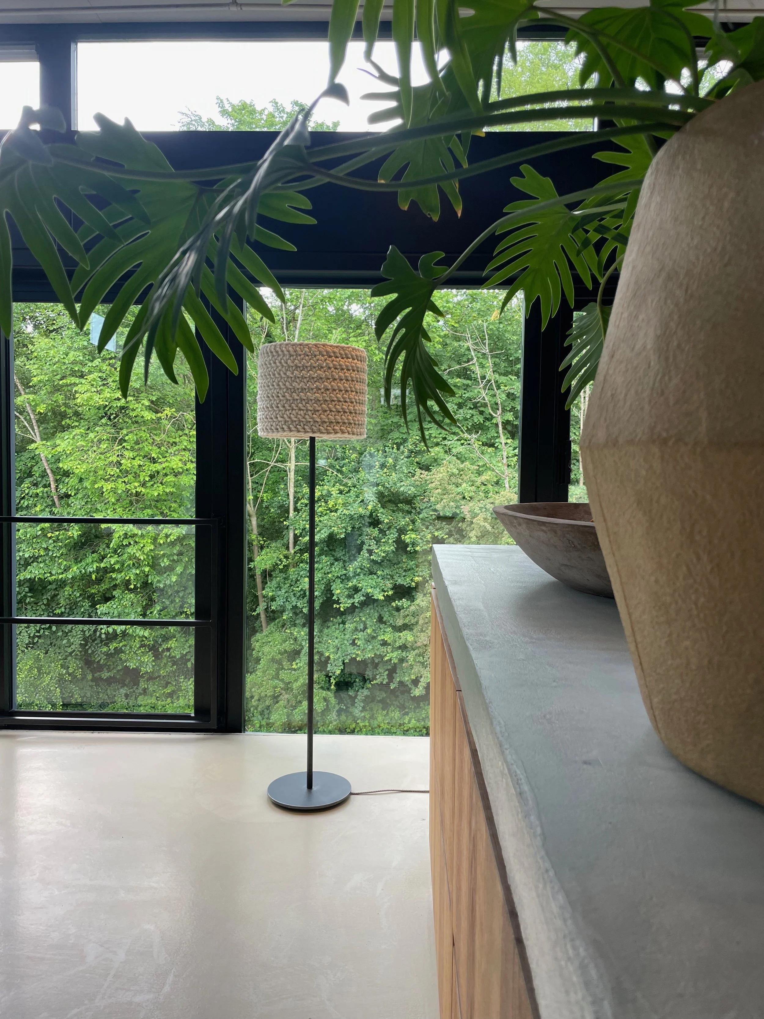 Interior view with large leafy plant, floor lamp with woven shade, and window overlooking green trees.