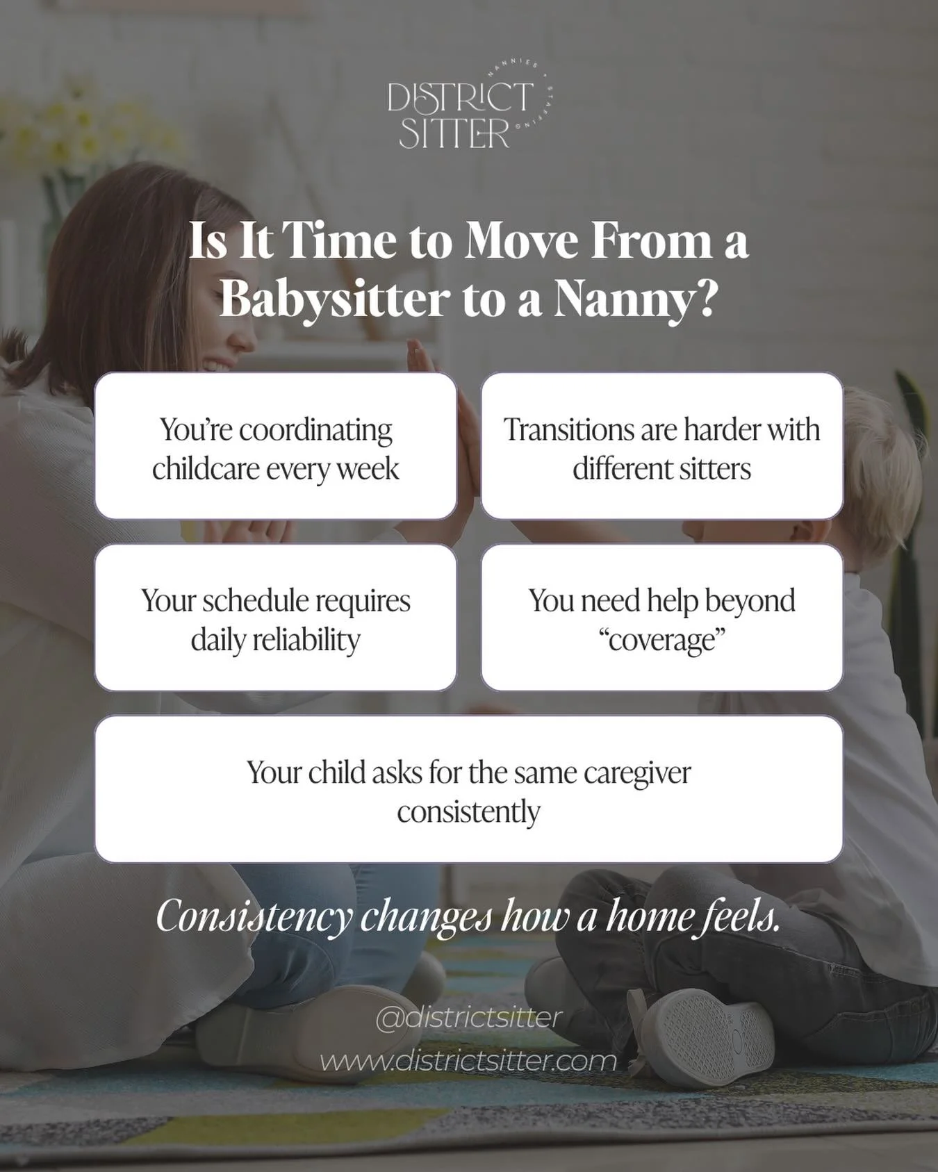 There&rsquo;s nothing wrong with babysitting.
But when your child starts needing predictability instead of flexibility, that shift matters.
Many families move toward a nanny not because something failed, but because stability becomes more important t